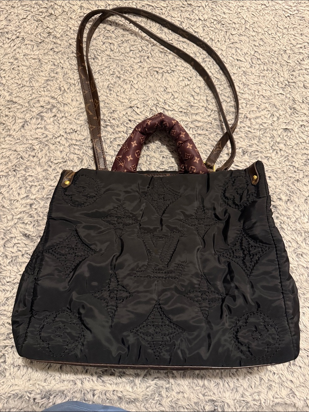 Black Quilted Nylon Tote with Monogram Handles